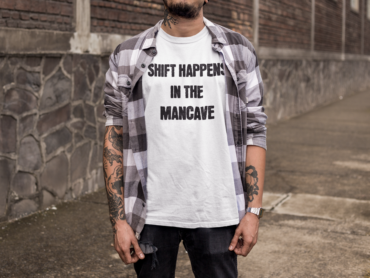 "SHIFT HAPPENS IN THE MANCAVE" T-Shirt